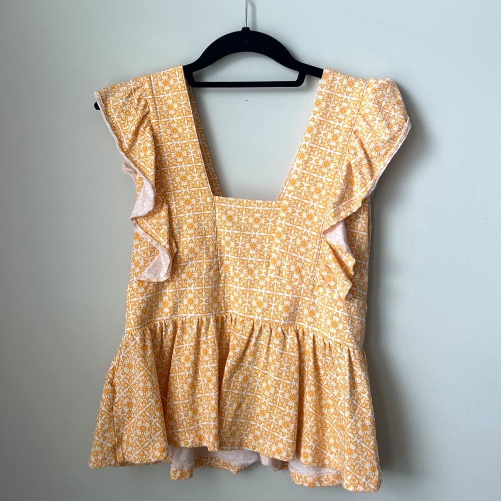 Lands' End Yellow Floral Ruffle Peplum Top